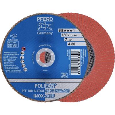 'Tarcza szlifierska PFERD, model POLIFAN PFF 180 A-COOL 80 SG INOX+ALU. Odpowiednia do stali nierdzewnej i aluminium. Wymiary: 180 x 22,23 mm.'