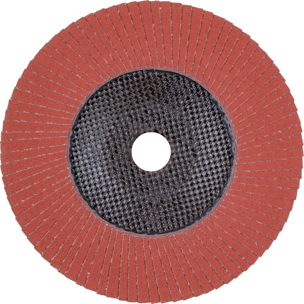Tarcza szlifierska z czerwonymi lamelkami i czarnym środkiem, używana do szlifowania lub wygładzania powierzchni metalowych i drewnianych.