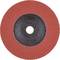 Tarcza szlifierska z czerwonymi lamelkami i czarnym środkiem, używana do szlifowania lub wygładzania powierzchni metalowych i drewnianych.