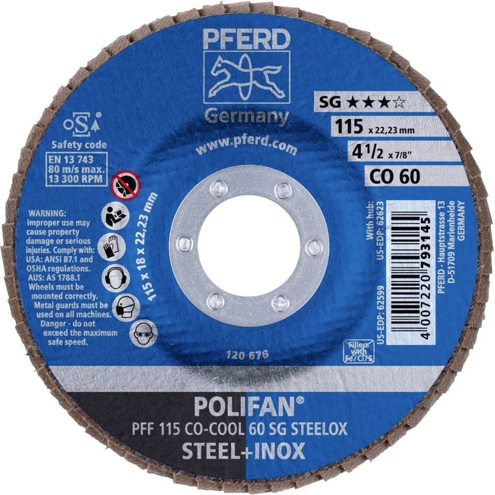 Tarcza szlifierska z oznaczeniami: 'PFERD Germany', 'STEEL+INOX', średnica 115 mm, maksymalna prędkość obrotowa 13.300 obr./min, ostrzeżenia bezpieczeństwa.