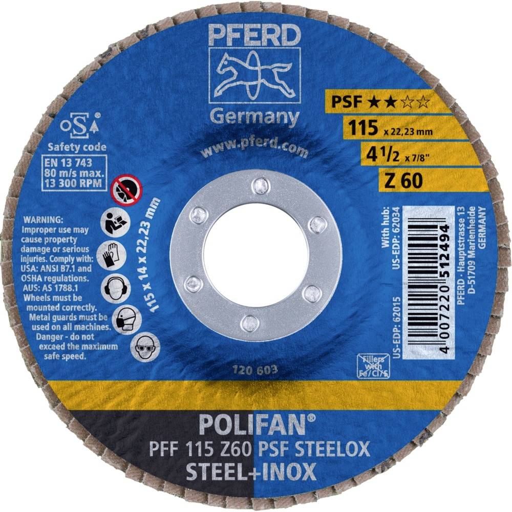 Tarcza szlifierska z napisem 'PFERD Germany' i 'POLIFAN PFF 115 Z60 PSF STEELOX STEEL+INOX'. Z 60, wymiary 115 x 22,23 mm.