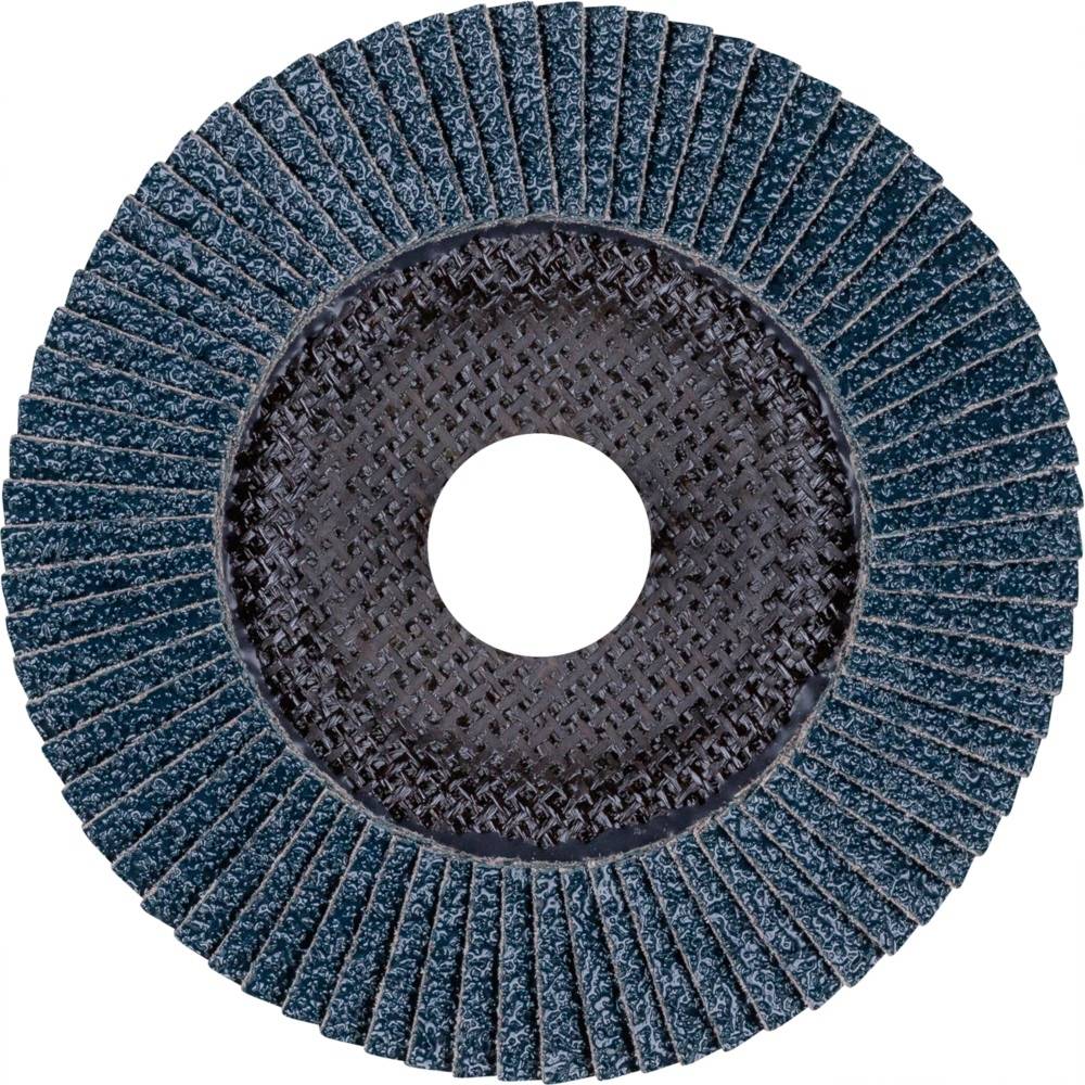 Okrągła tarcza szlifierska z równomiernie rozmieszczonymi lamelkami ściernymi, stosowana do obróbki metali.