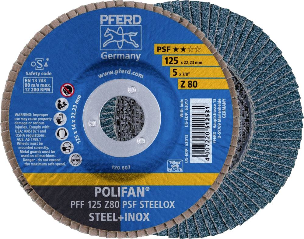PFERD TOOLS 67668125 PFF 125 Z 80 PSF STEELOX Пелюстковий шліфувальний круг Діаметр 125 мм Діаметр отвору 22,23 мм Зернистість 80 