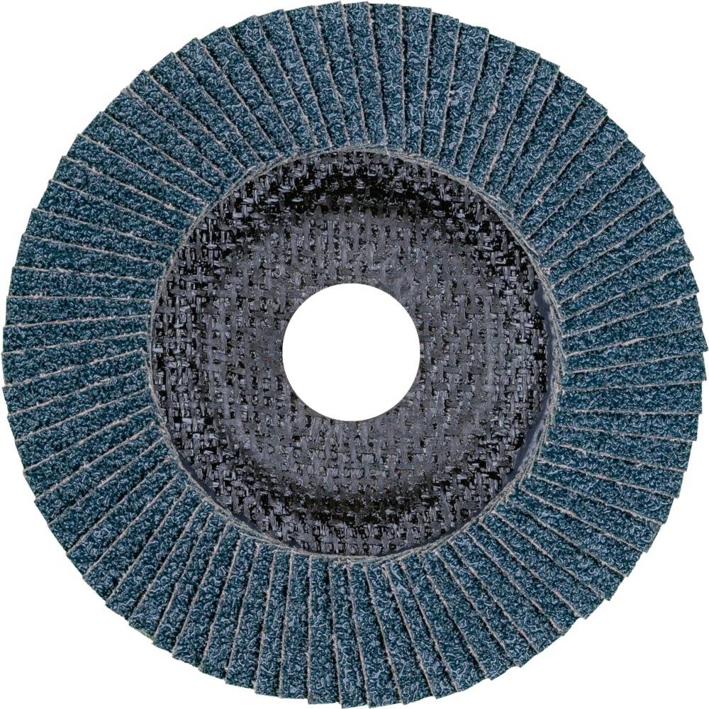 Okrągła, niebieska tarcza szlifierska z promieniście rozmieszczonymi powierzchniami papieru ściernego i centralnym otworem. Odpowiednia do obróbki powierzchni.