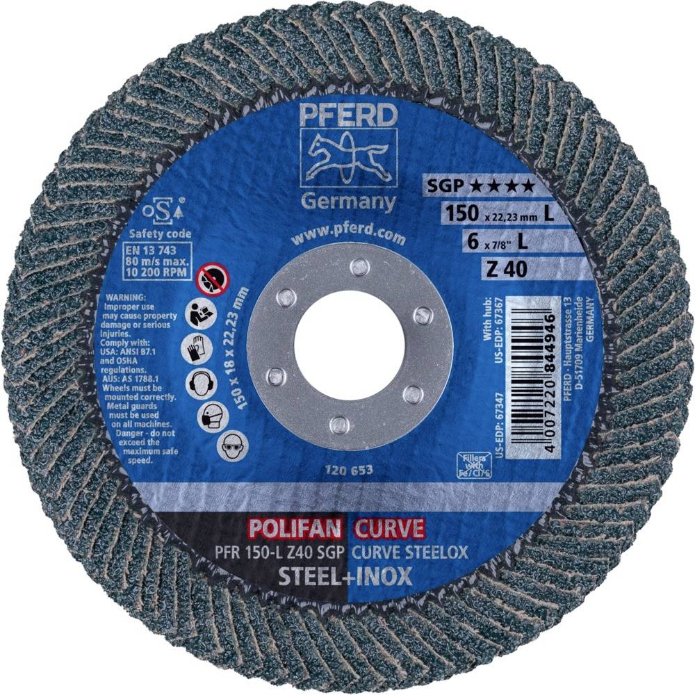 Tarcza szlifierska z niebieską etykietą, marka PFERD, model 'POLIFAN CURVE', odpowiednia do stali i stali nierdzewnej, średnica 150 mm.