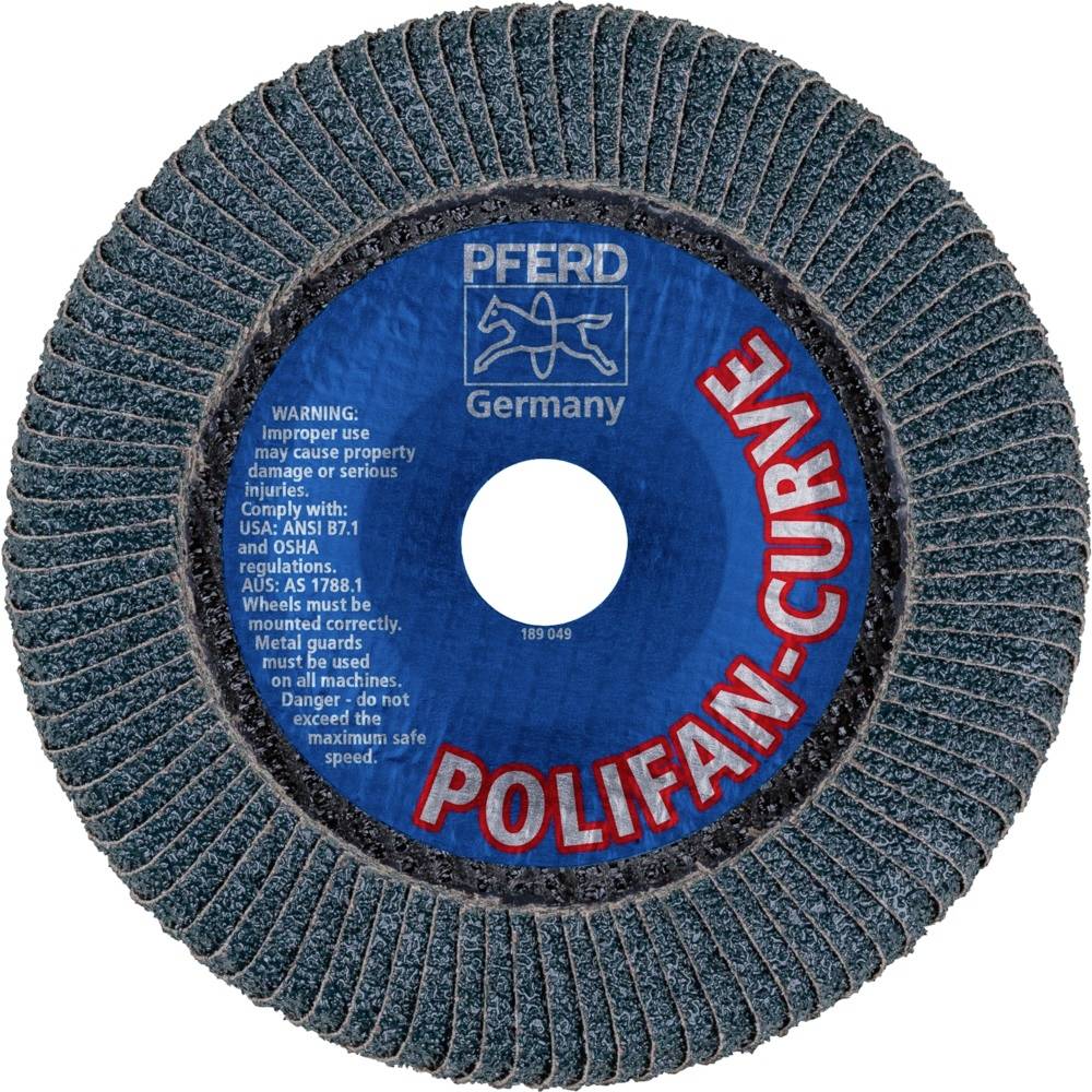 Okrągła, zakrzywiona tarcza szlifierska z napisem 'Pferd Germany POLIFAN-CURVE', z ostrzeżeniami i wytycznymi bezpieczeństwa w środku.