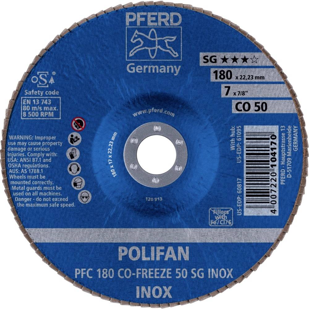Niebieska tarcza tnąca z napisem 'PFERD Germany', model 'POLIFAN PFC 180 CO-FREEZE 50 SG INOX', odpowiednia do obróbki metalu.