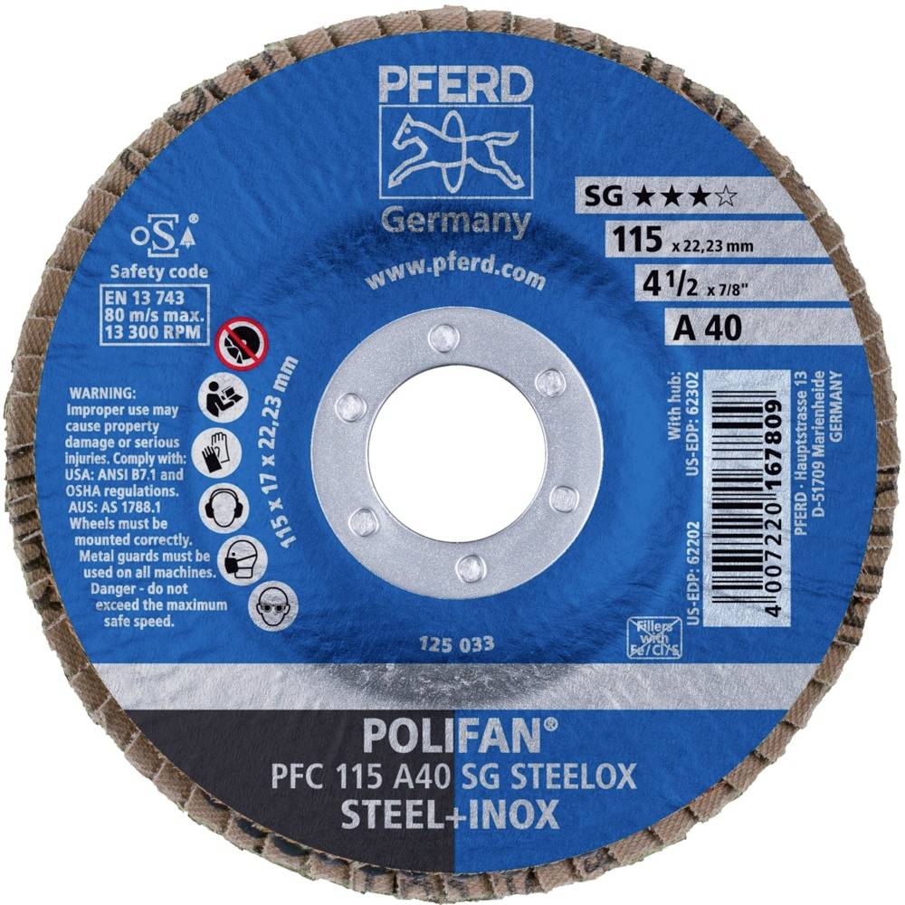Tarcza szlifierska 'PFERD Polifan' do stali/stali nierdzewnej, średnica 115 mm, maks. 80 m/s, zawiera wskazówki bezpieczeństwa i informacje producenta.