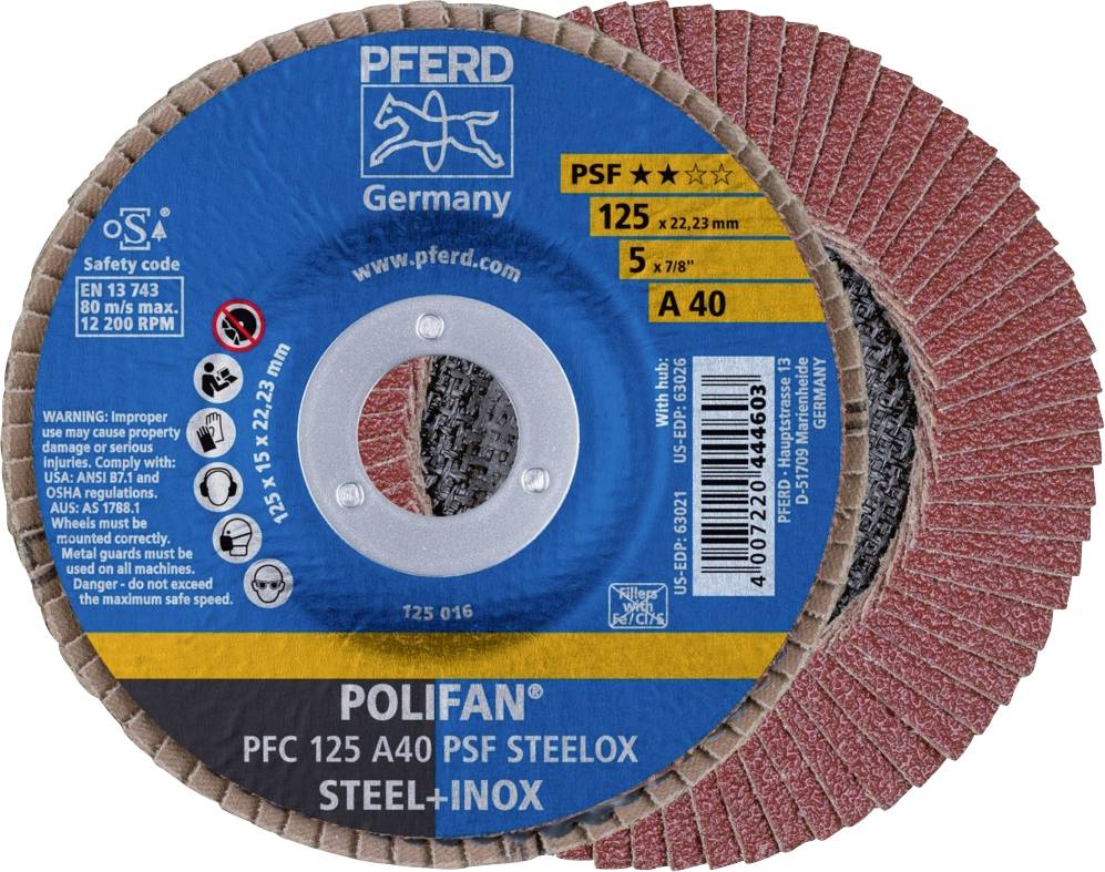 PFERD TOOLS 67744125 PFC 125 A 40 PSF STEELOX Пелюстковий диск Діаметр 125 мм Діаметр отвору 22,23 мм Зернистість 40 нержавіюча ст