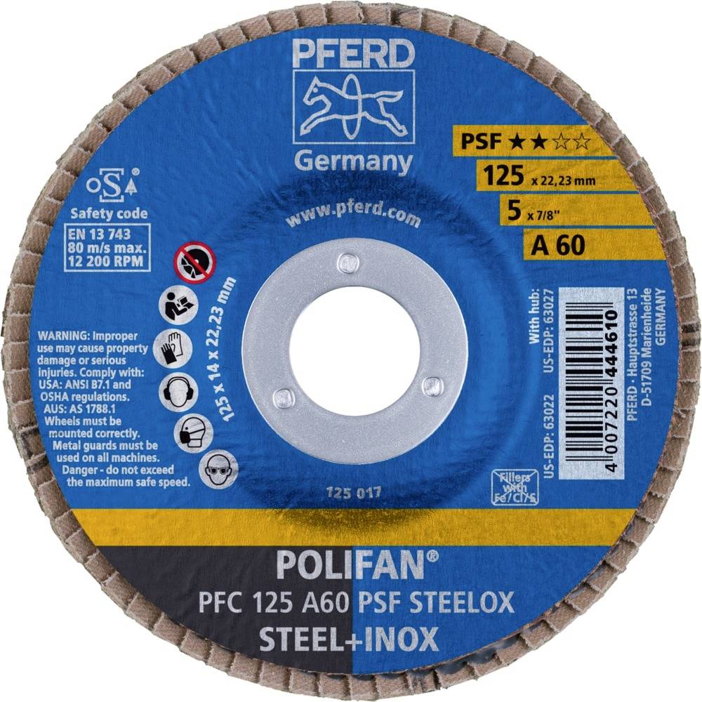 Tarcza szlifierska Pferd do stali i stali nierdzewnej, średnica 125 mm, otwór 22,23 mm, ziarnistość A60, maks. 12.200 obr./min, 5 sztuk.