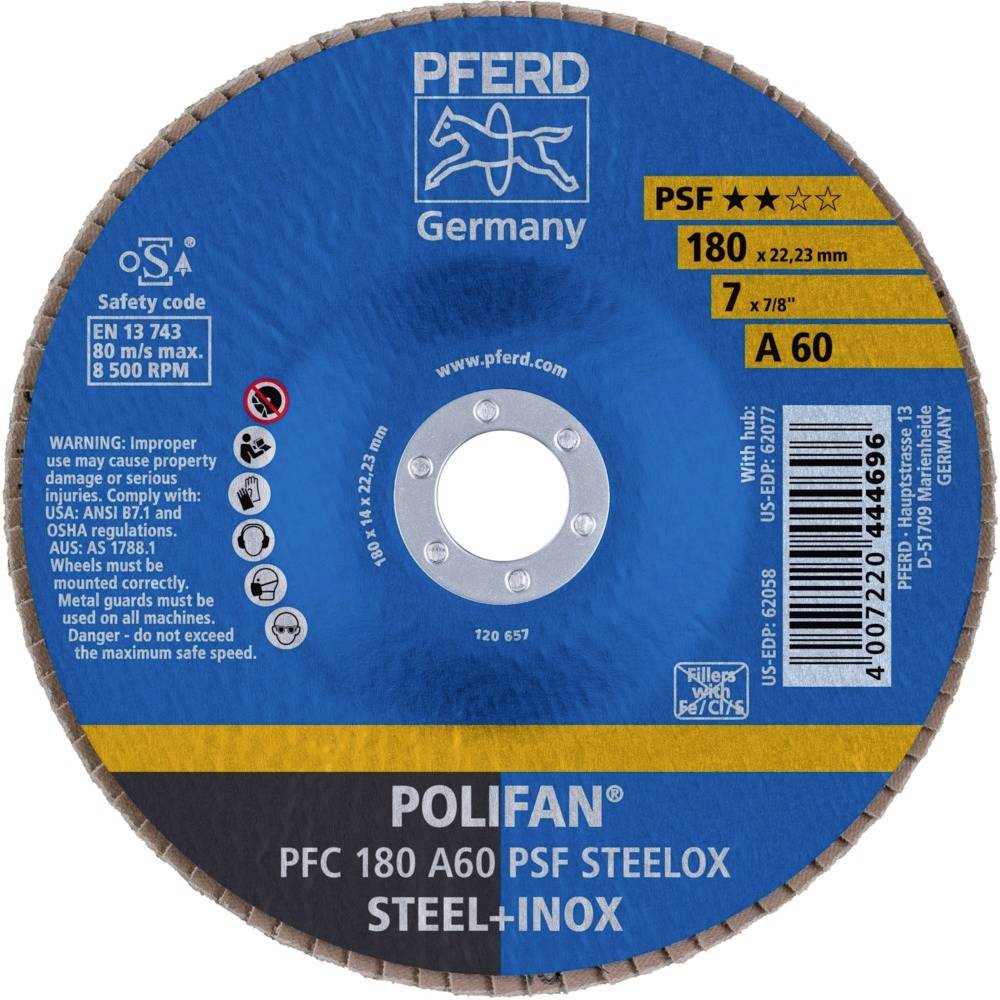Tarcza szlifierska marki PFERD, model POLIFAN PSF, o średnicy 180 mm, ziarnistość A60, odpowiednia do stali i stali nierdzewnej.