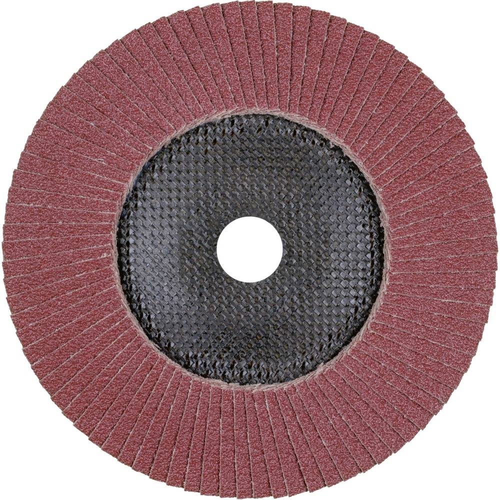 Okrągła tarcza szlifierska z czerwonym papierem ściernym wokół centralnej czarnej strefy.