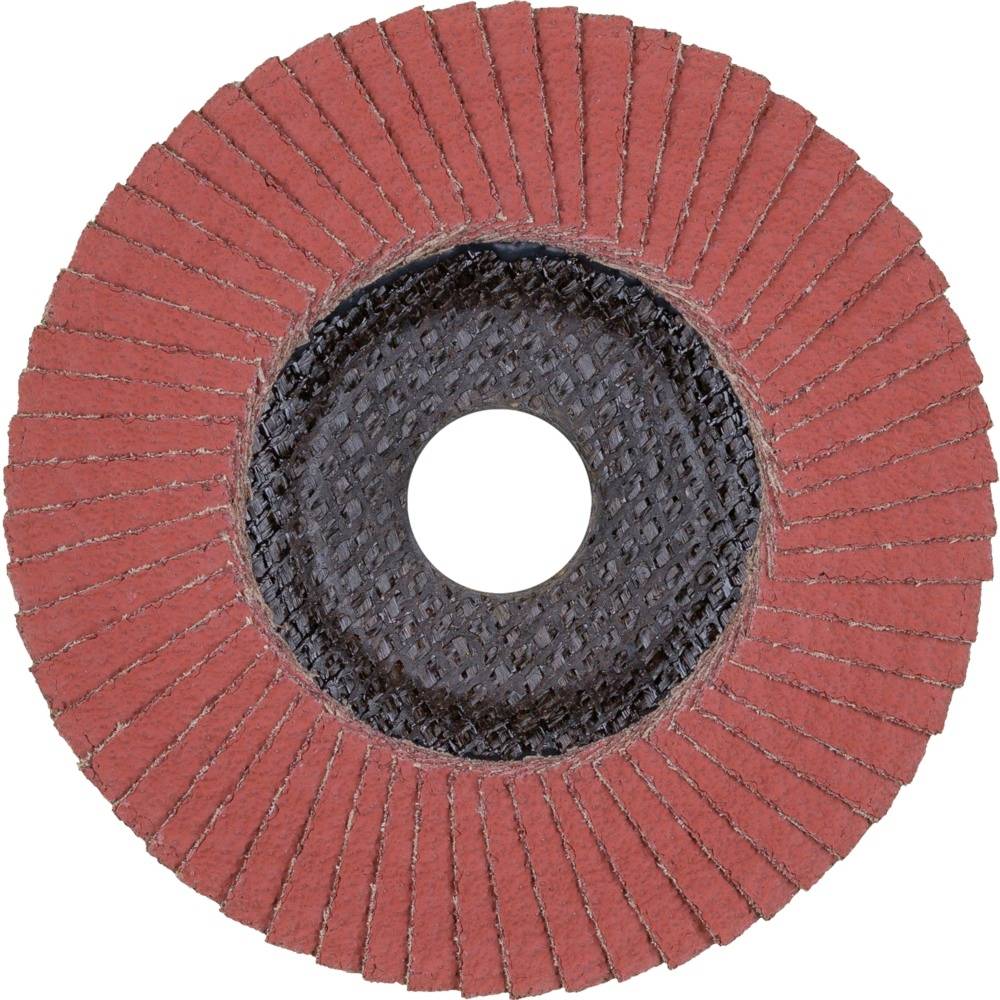 Czerwonobrązowa tarcza szlifierska z koncentrycznymi wzorami i okrągłym wycięciem pośrodku.