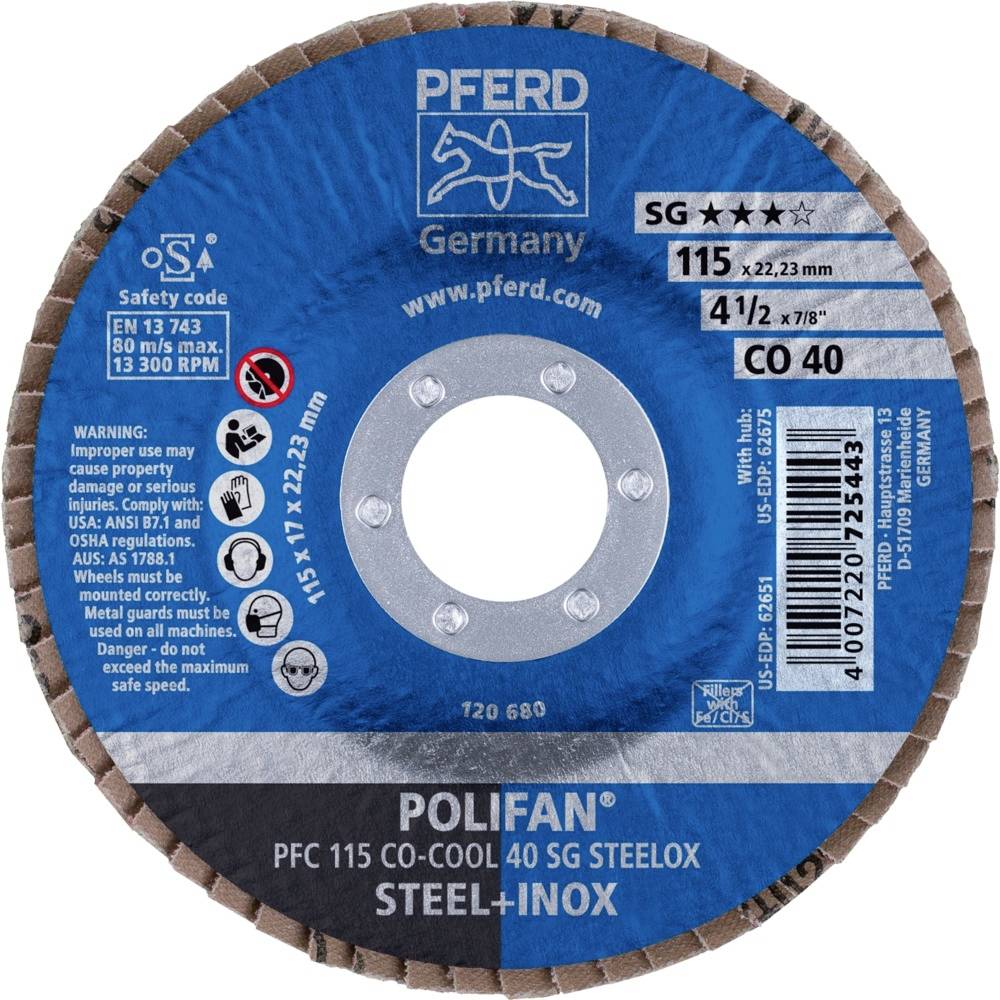 Tarcza tnąca PFERD, model POLIFAN PFC 115 CO-COOL 40 SG, odpowiednia do stali i stali nierdzewnej. Rozmiar: 115 x 22,23 mm.