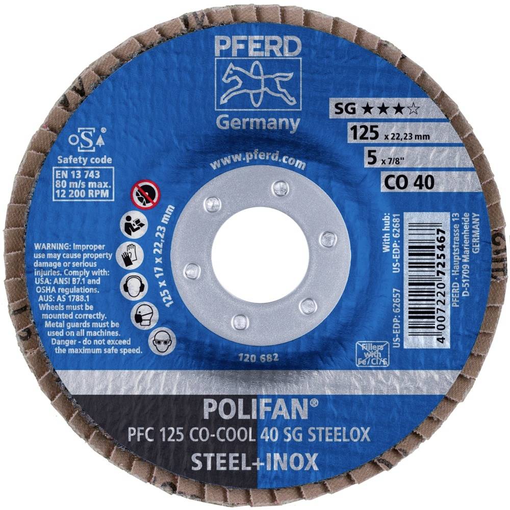 Tarcza szlifierska PFERD, model Polifan PFC 125 CO-COOL 40 SG, z kodem bezpieczeństwa EN 13743, odpowiednia do stali i stali nierdzewnej, maksymalnie 80 m/s.