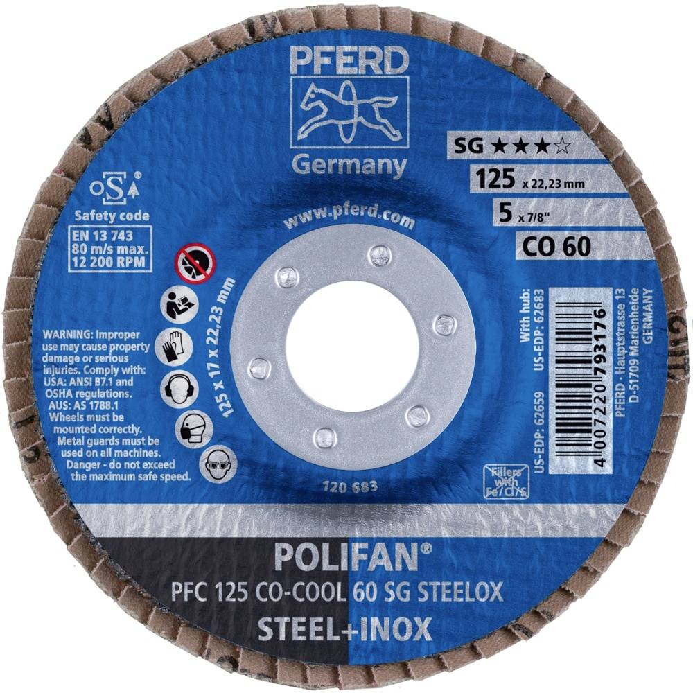 Tarcza szlifierska 'PFERD POLIFAN PFC 125 CO-COOL 60 SG STEELOX', odpowiednia do stali i stali nierdzewnej. Średnica 125 mm, prędkość obrotowa 12.200 obr./min.