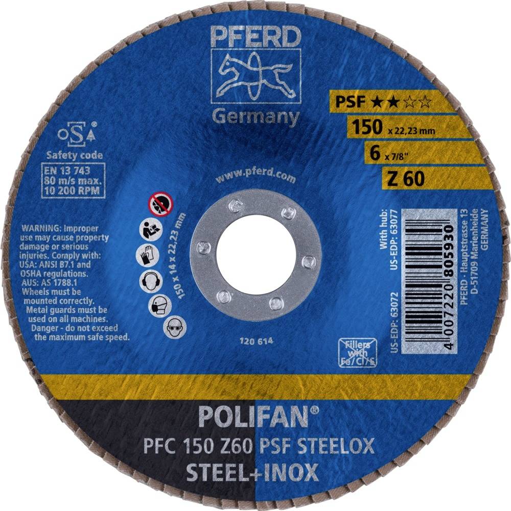 Tarcza szlifierska z logo marki, kodem bezpieczeństwa i ostrzeżeniami związanymi z zastosowaniem. Średnica: 150 mm, grubość: 6 mm, ziarnistość: Z60.