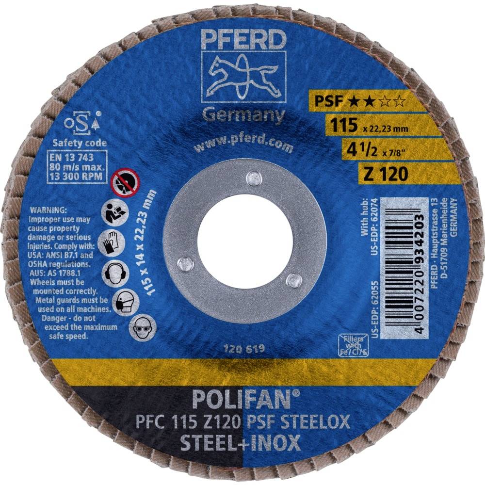 Tarcza szlifierska 'Koń', model 'Polifan PFC 115 Z120 PSF SteeLox', średnica 115 mm, do stali i stali nierdzewnej.