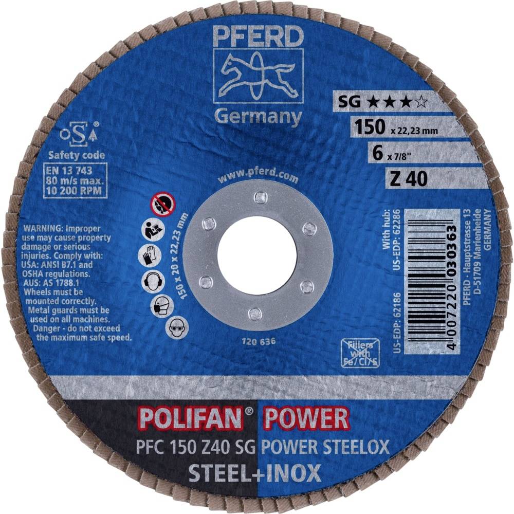 'Tarcza szlifierska z napisem: POLIFAN POWER, PFERD Germany. Specyfikacje: PFC 150 Z40 SG, 150 mm x 22,23 mm. Do stali i stali nierdzewnej.'