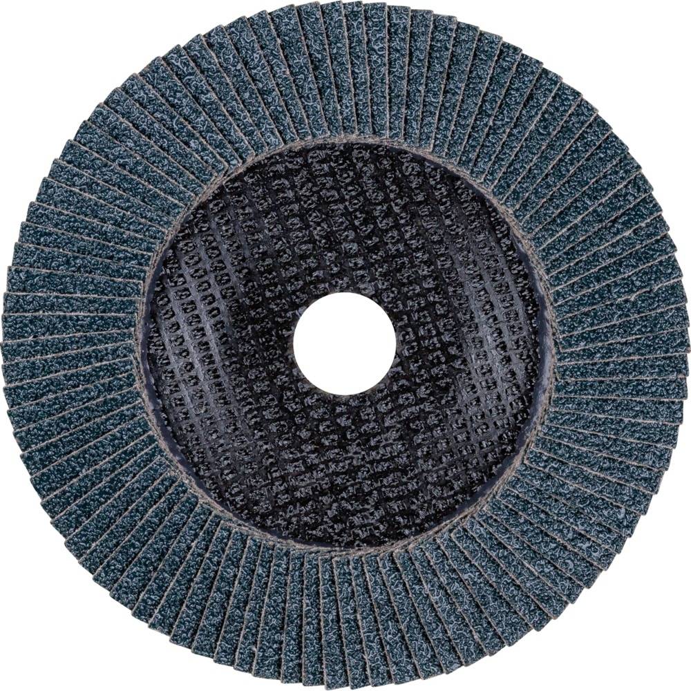 Tarcza szlifierska lamelkowa z okrągłym otworem pośrodku, składająca się z wielu warstw zielonego materiału ściernego, widziana z góry.