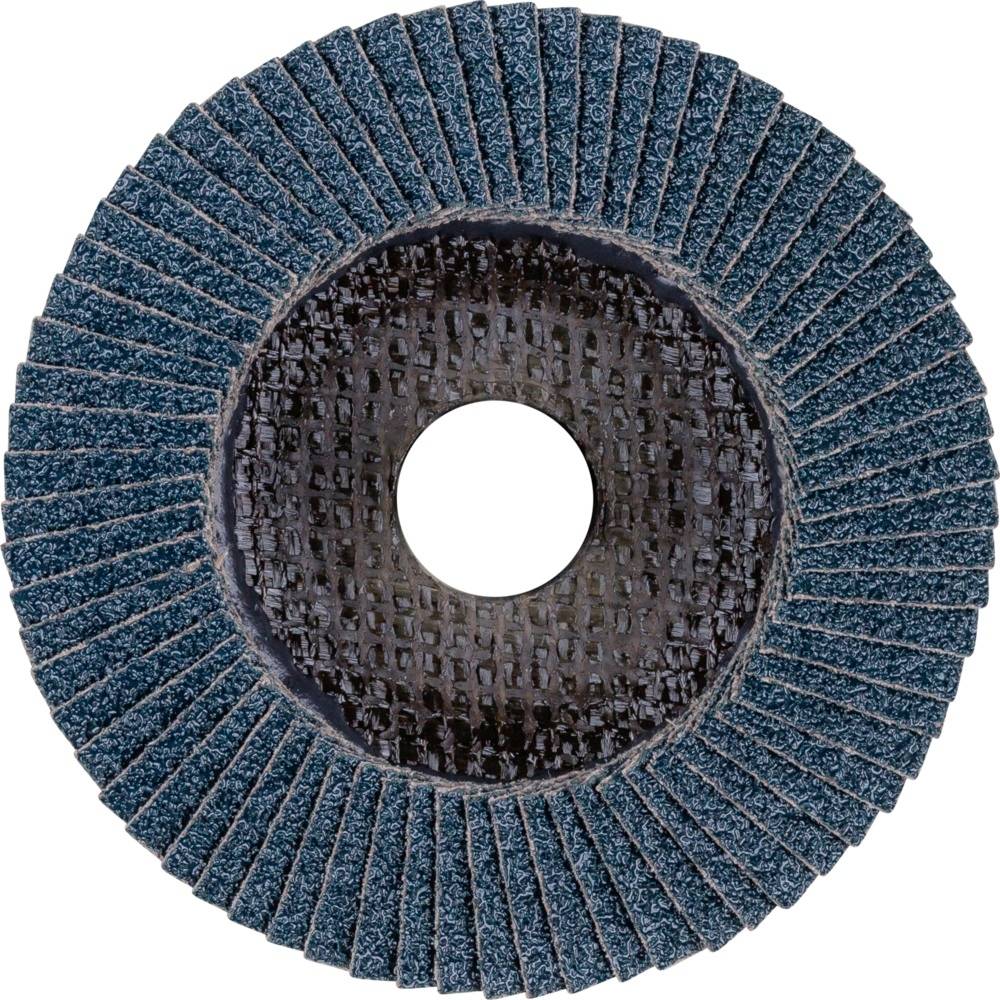 Tarcza szlifierska z ciemnoniebieskimi lamelkami ułożonymi w kształcie koła wokół centralnego otworu. Stosowana do prac szlifierskich.