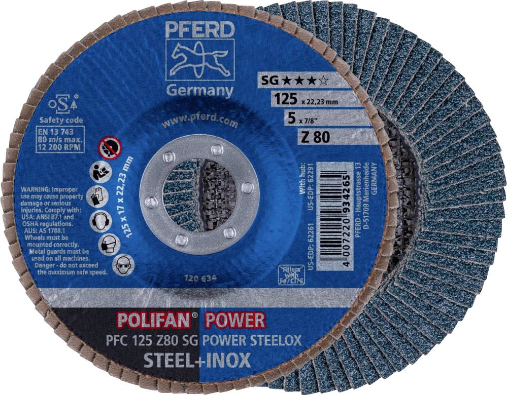 PFERD TOOLS 67788126 PFC 125 Z 80 SG POWER STEELOX Пелюстковий шліфувальний круг Діаметр 125 мм Діаметр отвору 22,23 мм Зернистіст