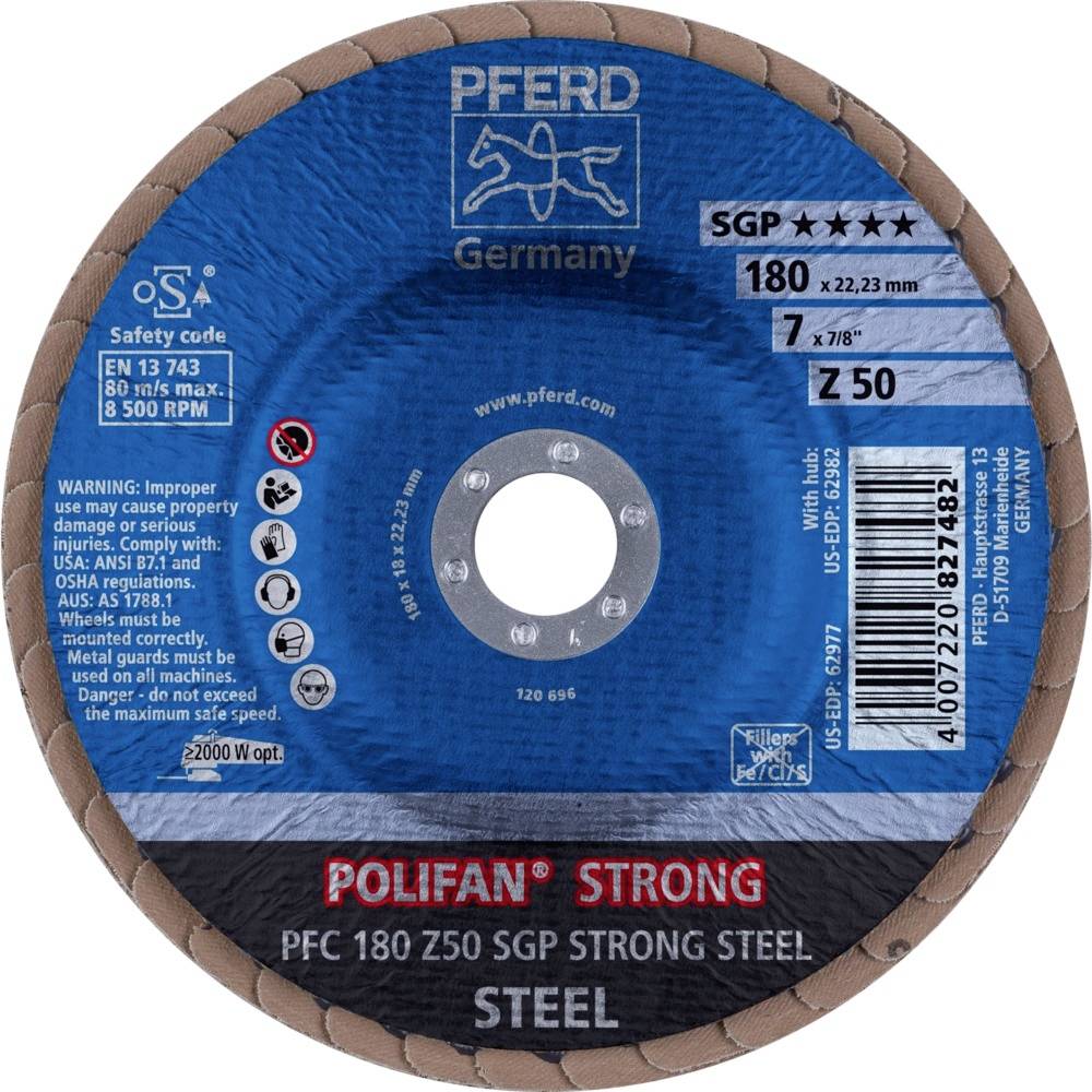 Tarcza szlifierska z niebieskim środkiem i brązową krawędzią, marka 'PFERD', model 'Polifan Strong', do twardej stali, średnica 180 mm, maksymalna prędkość obrotowa 8500 obr./min.