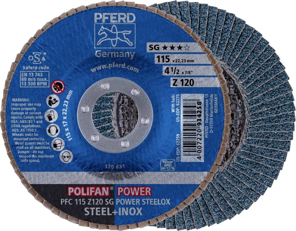Пелюстковий шліфувальний круг PFERD TOOLS PFC 115 Z 120 SG POWER STEELOX 67789116 Діаметр 115 мм 10 шт.