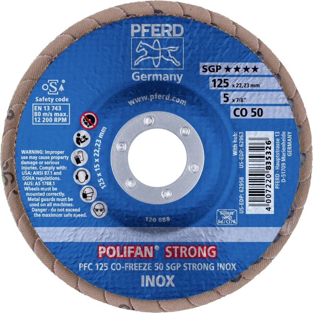 Tarcza ścierna z niebieską etykietą. Cecha główna: 'POLIFAN STRONG INOX'. Średnica 125 mm, maks. 80 m/s, 12000 obr./min.