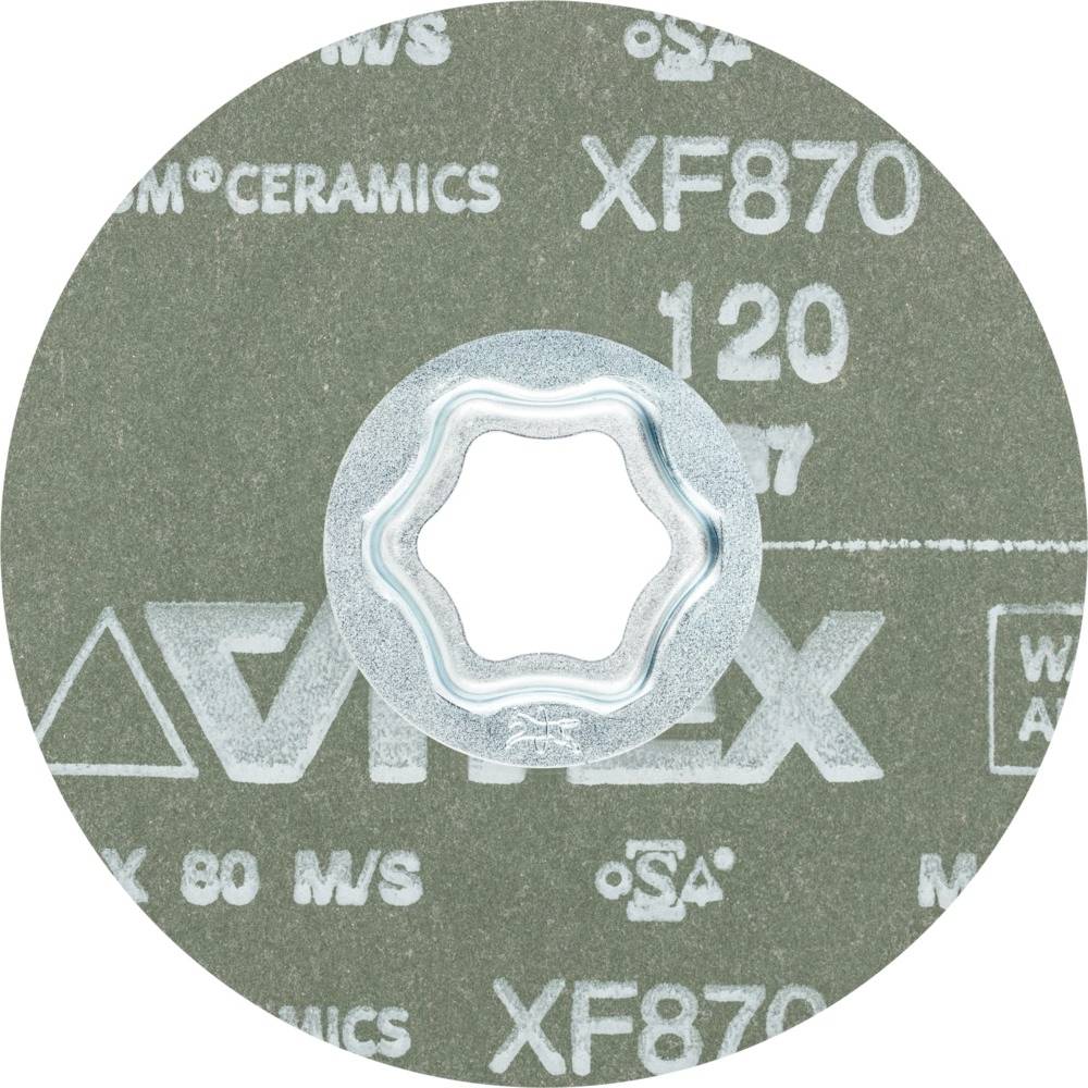 Tarcza szlifierska z napisem 'VSM CERAMICS XF870 120'. Jest okrągła i posiada centralne otwór do mocowania na narzędziach.