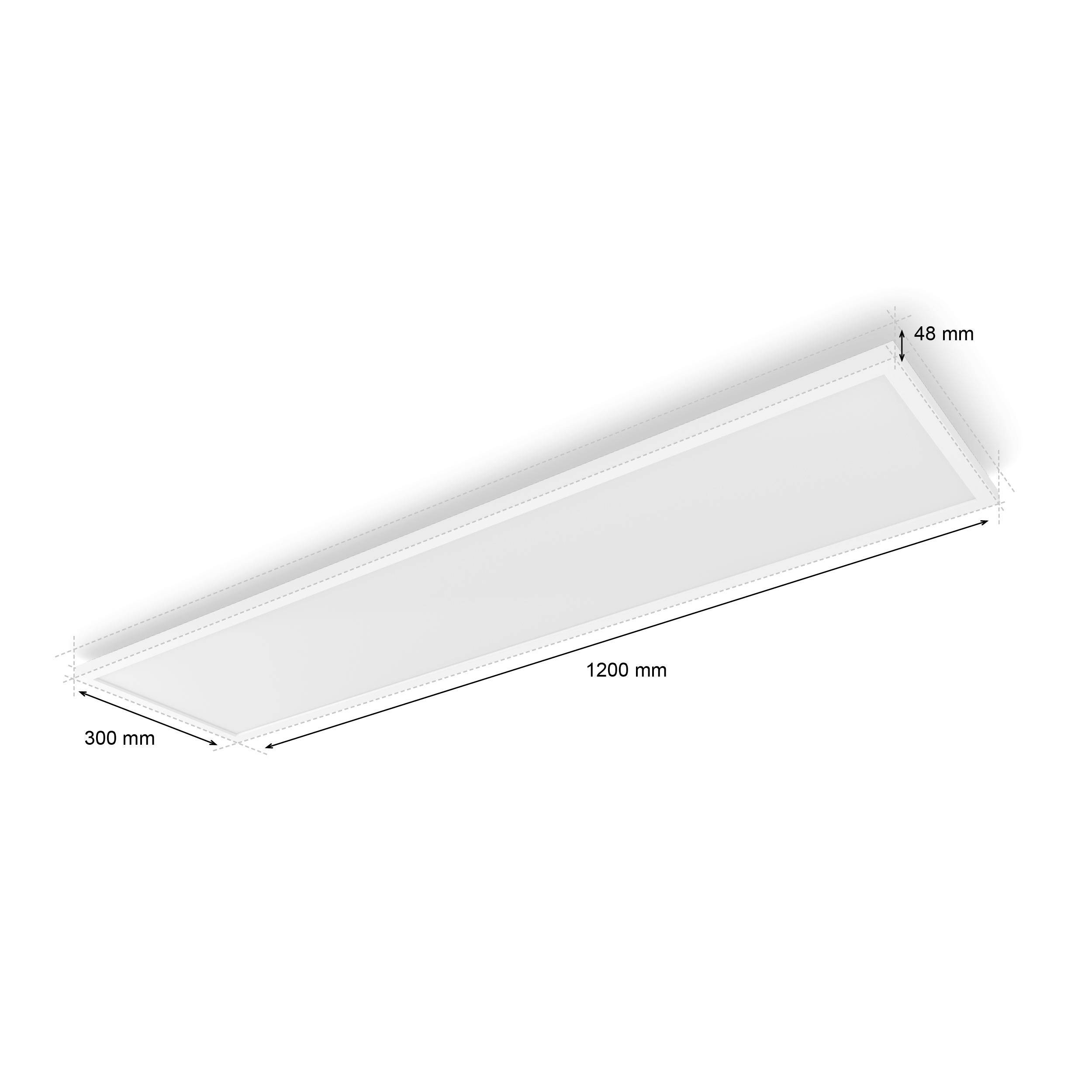 Prostokątna lampa sufitowa LED o wymiarach 1200 mm x 300 mm x 48 mm, odpowiednia do równomiernego oświetlenia dużych pomieszczeń.