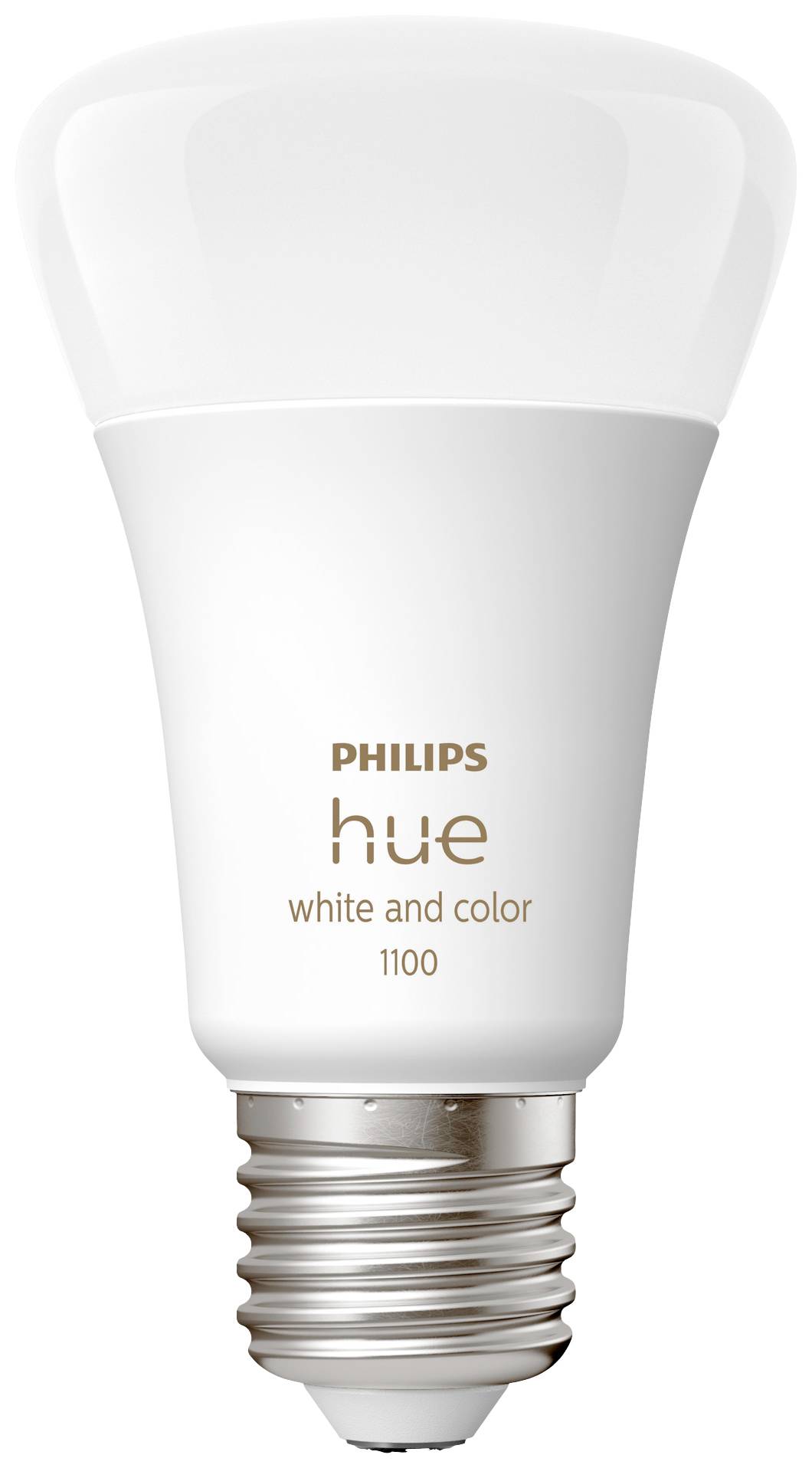Żarówka LED firmy Philips z napisem 'hue white and color 1100'.