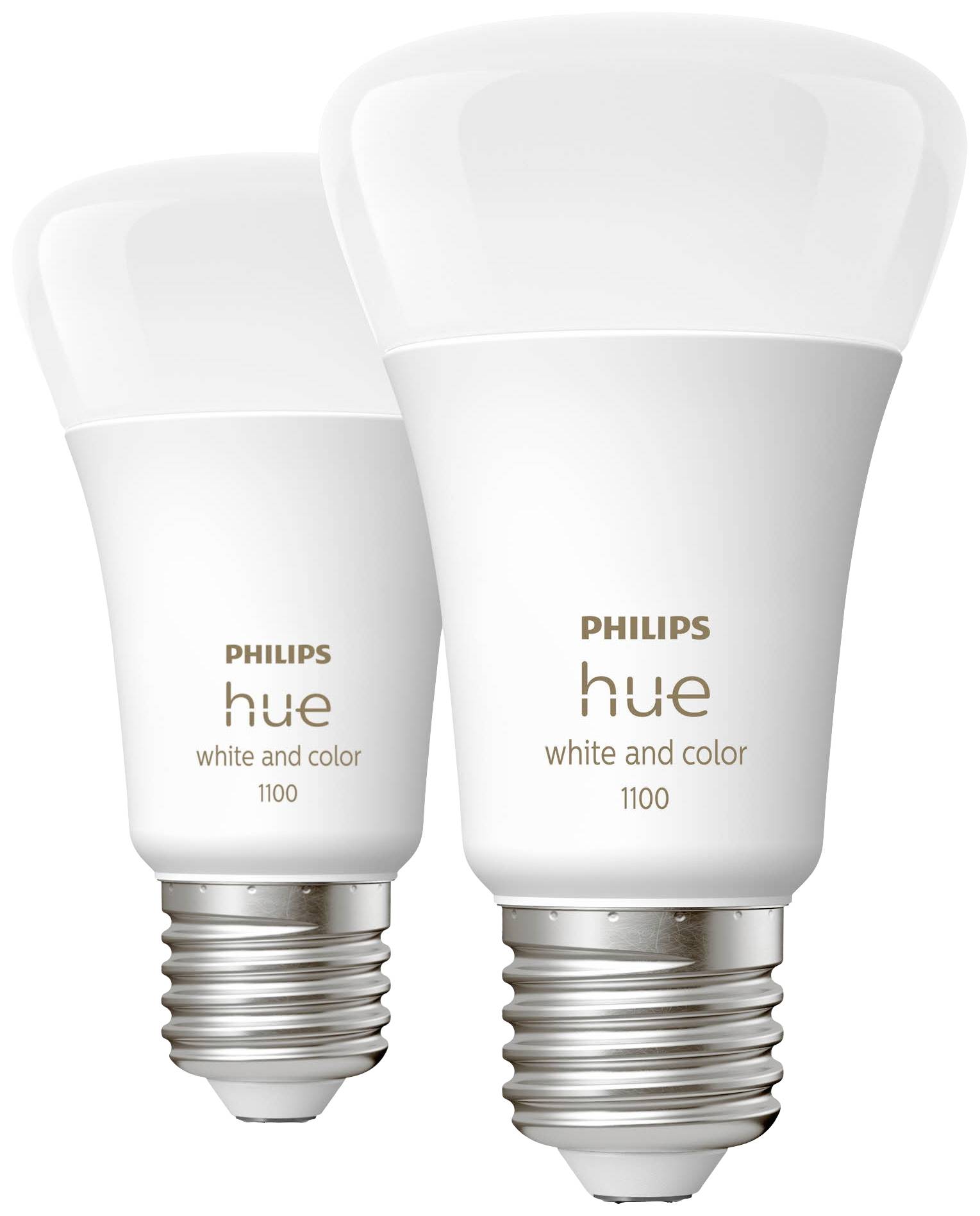 Dwie białe żarówki LED marki Philips Hue. Nadają się do białego i kolorowego światła, numer modelu 1100.