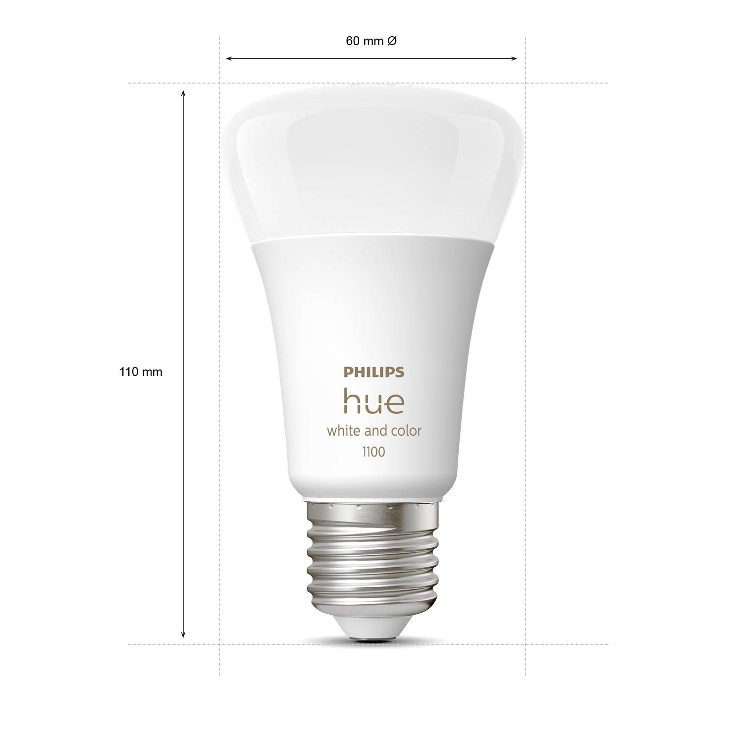 Biała żarówka LED Philips Hue, o średnicy 60 mm i wysokości 110 mm, z napisem 'white and color 1100'.