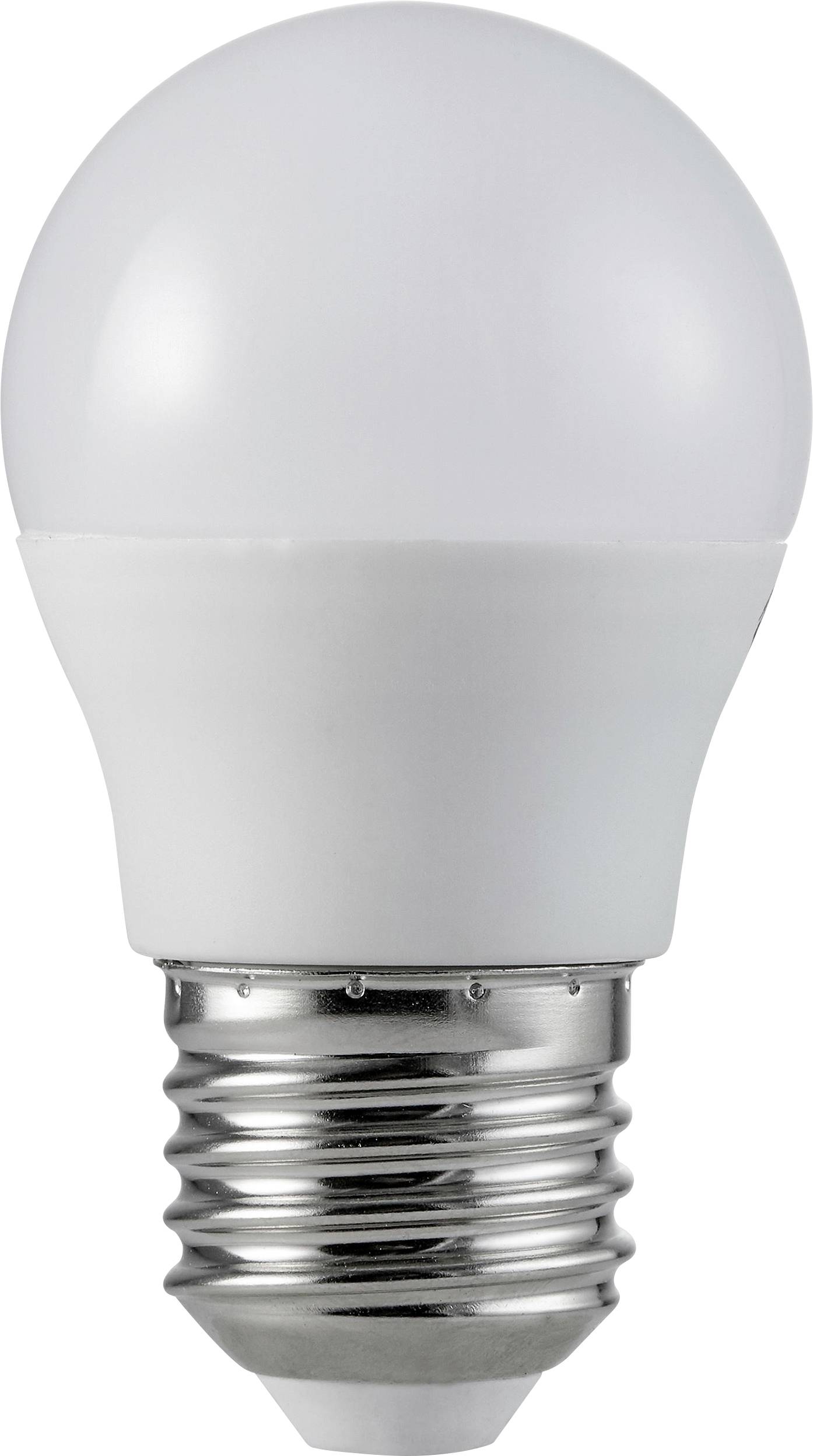 Nowoczesna żarówka LED z gwintem E27. Jest energooszczędna i posiada białą, kulistą powierzchnię.