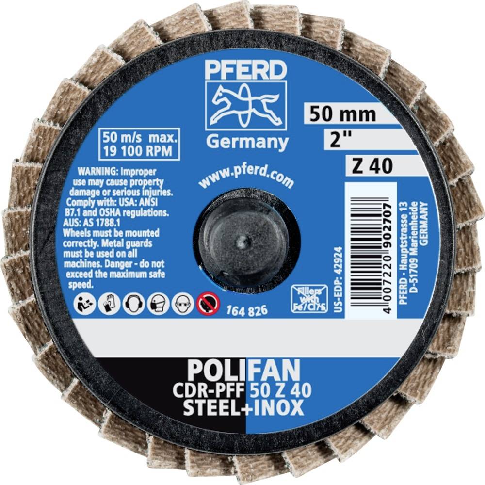 Tarcza szlifierska POLIFAN, 50 mm, Z40, do stali i stali nierdzewnej. Zawiera ostrzeżenie dotyczące maksymalnej prędkości oraz wymagań sprzętowych.