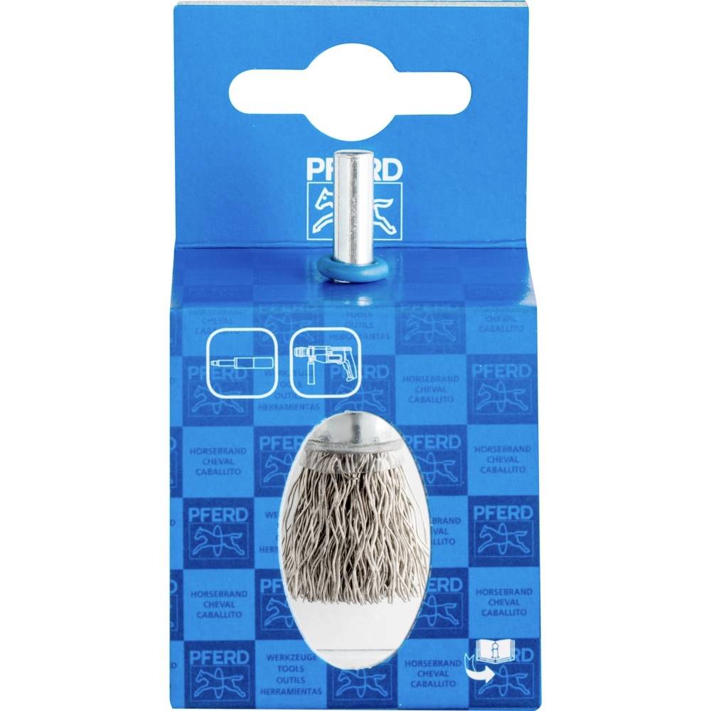 Szczotka druciana 'Pferd' z główką w niebieskim opakowaniu. Używana do usuwania zadziorów i czyszczenia powierzchni metalowych.