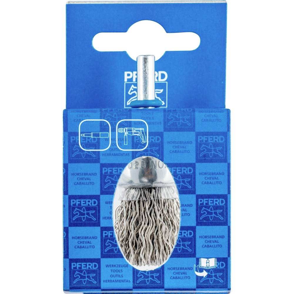Szczotka szlifierska z drucianyni włoskami w niebieskim opakowaniu marki PFERD. Opakowanie prezentuje kształt produktu oraz logo marki.