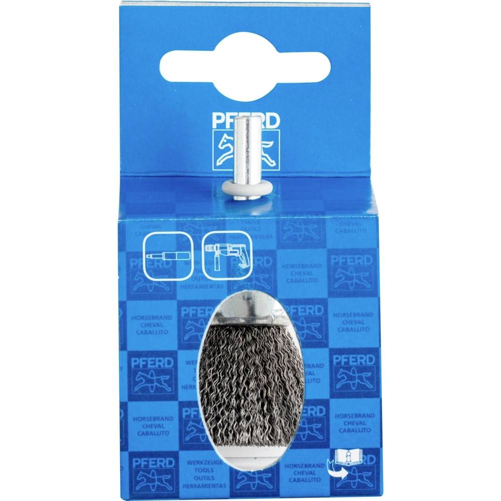 Narzędzie szczotkowe w niebieskim opakowaniu z okienkiem, prezentujące szczotkę metalową. Marka: PFERD