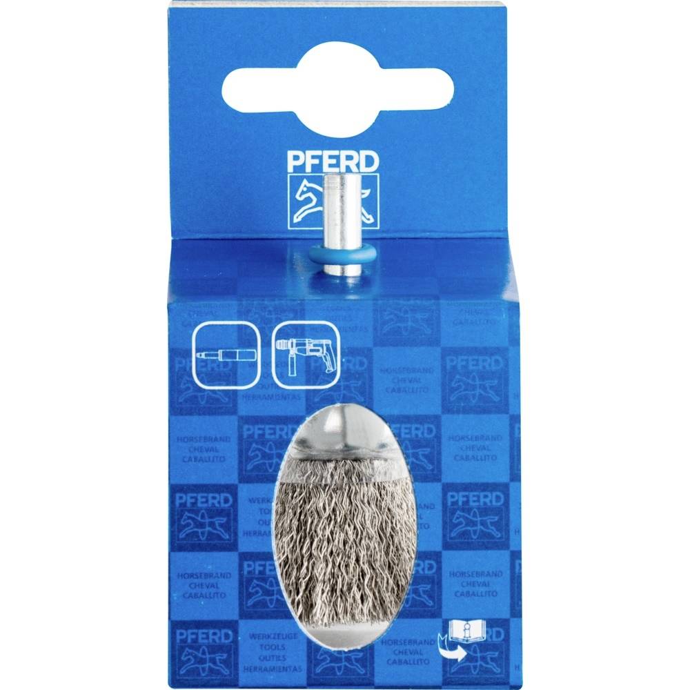 Obraz przedstawia szczotkę drucianą PFERD w niebieskim opakowaniu, odpowiednią do użycia w wiertarkach do obróbki powierzchni.