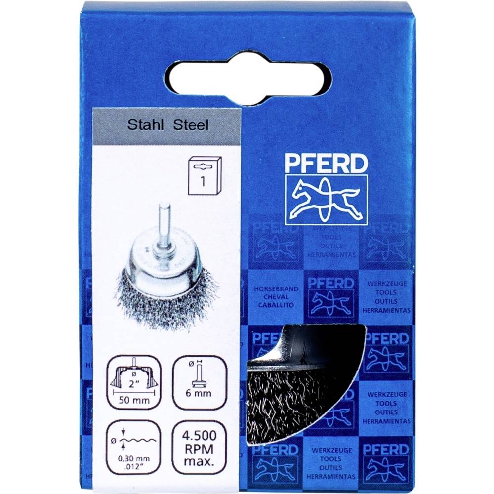Opakowanie szczotki drucianej marki Pferd. Szczegóły: średnica 50 mm, trzpień 6 mm, maksymalna prędkość obrotowa 4.500 obr./min.