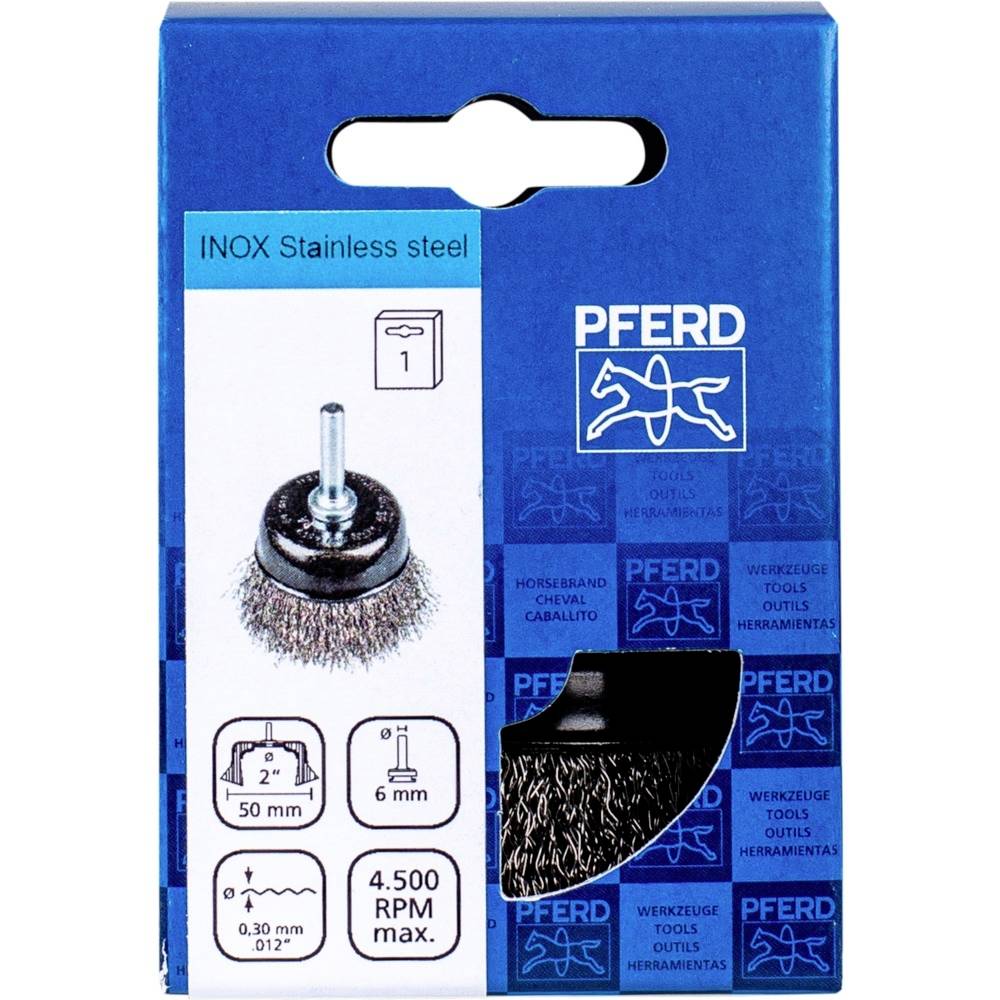 Opakowanie przedstawia szczotkę cylindryczną ze stali nierdzewnej do wiertarek. Szczegóły: średnica 50 mm, maks. 4500 obr./min.
