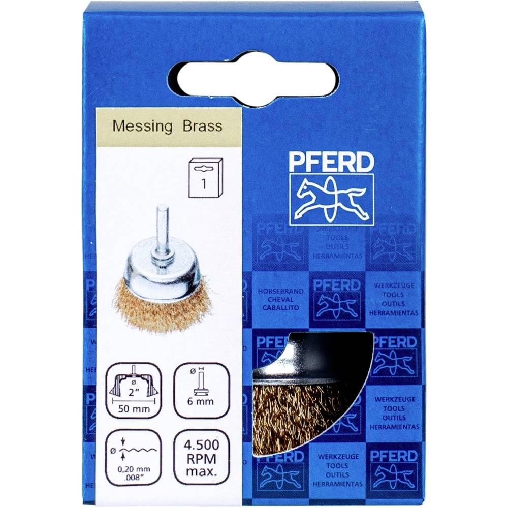 Niebieskie opakowanie dla szczotki mosiężnej. Na opakowaniu przedstawiono szczegóły produktu: średnica 50 mm, trzon 6 mm, maks. prędkość obrotowa 4.500 obr./min.