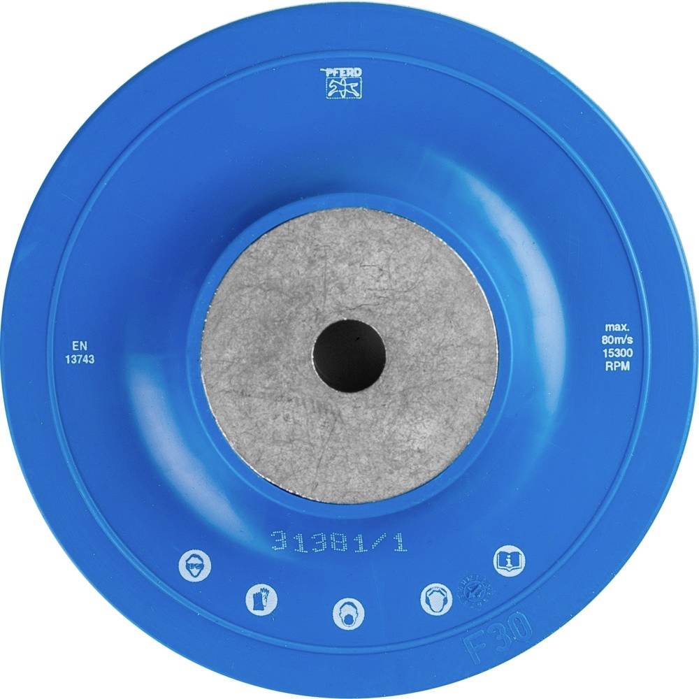 Niebieski krążek szlifierski z tworzywa sztucznego z rdzeniem metalowym, z napisem: 'max 80 m/s, 15300 obr./min'.