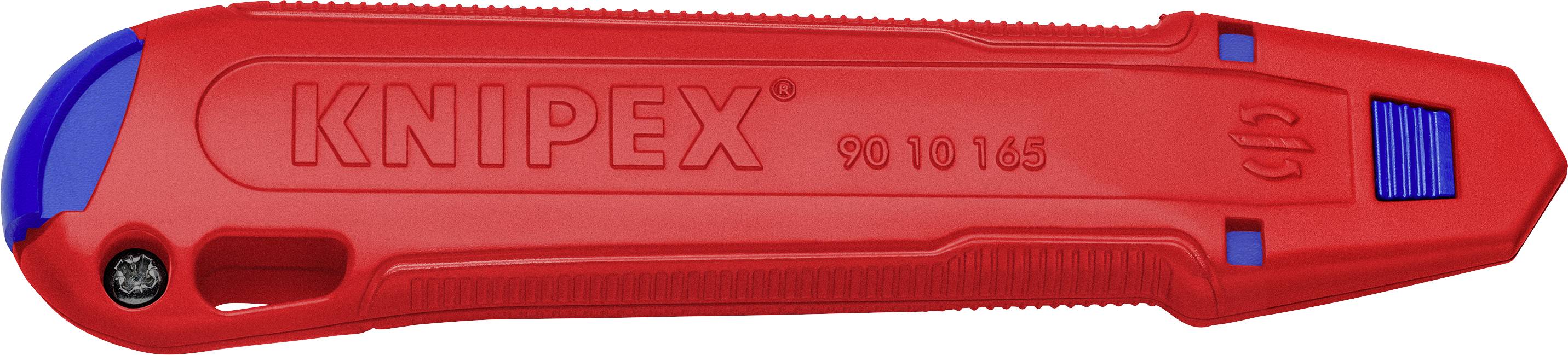 Czerwony nóż do zdejmowania izolacji KNIPEX z niebieskimi końcówkami i śrubą, numer modelu 90 10 145, do bezpiecznej i precyzyjnej obróbki kabli.