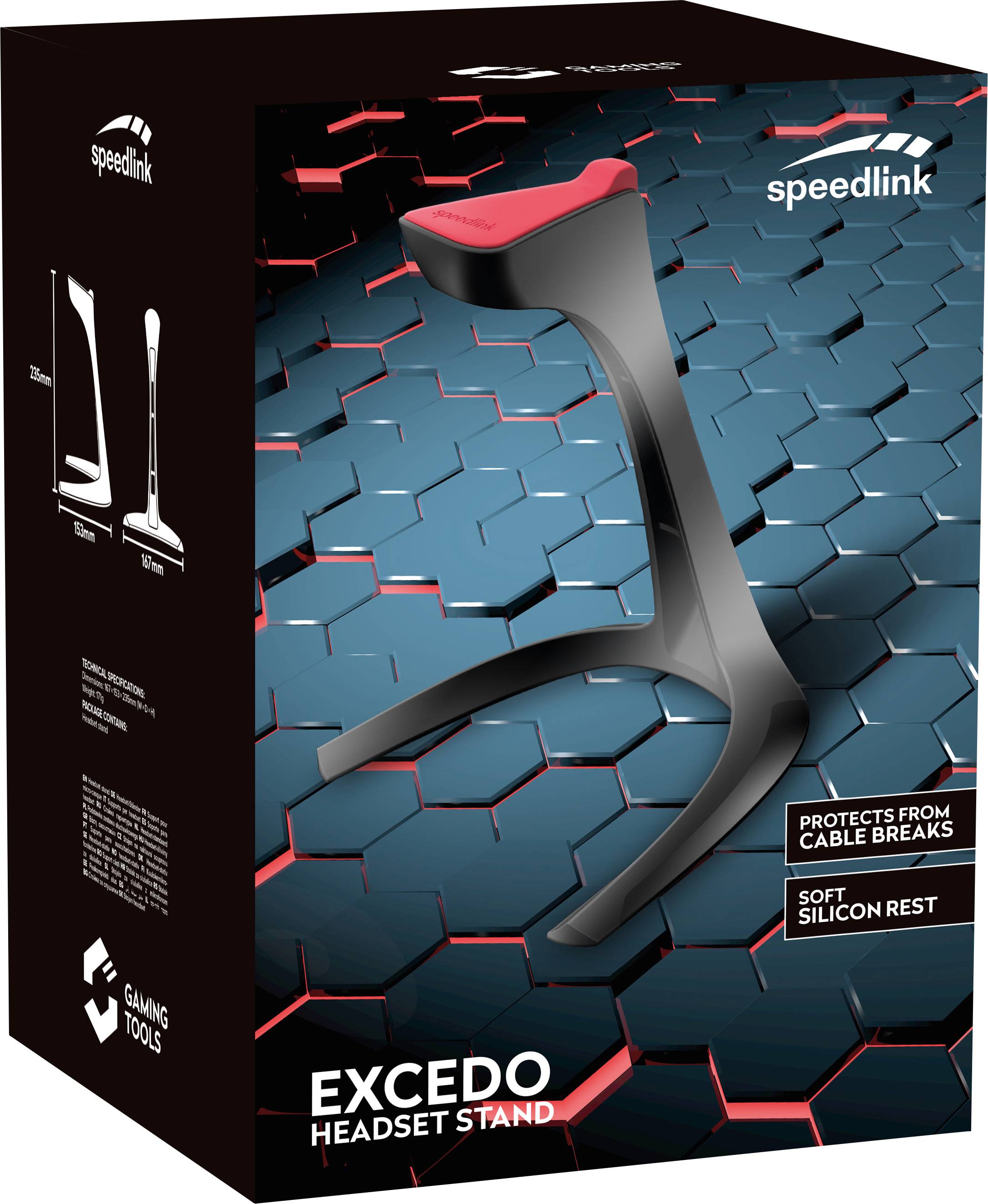 Czarny stojak na słuchawki na niebiesko-czerwonym tle w opakowaniu, model "Excedo" firmy Speedlink, chroniący przed uszkodzeniami kabli.