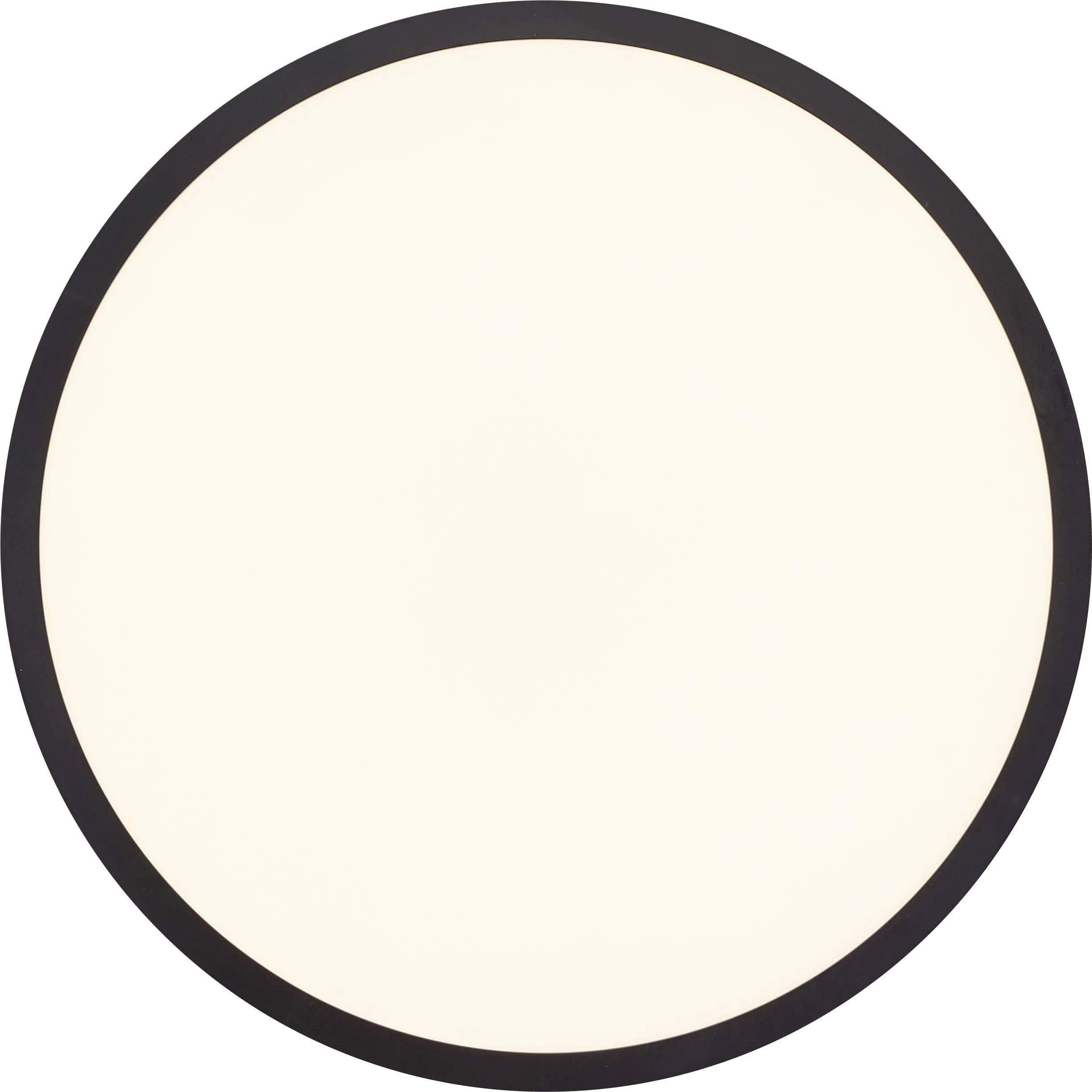 Minimalistyczny, okrągły panel świetlny z czarną ramką i jasno świecącym wnętrzem, charakterystyczny dla nowoczesnych lamp sufitowych.