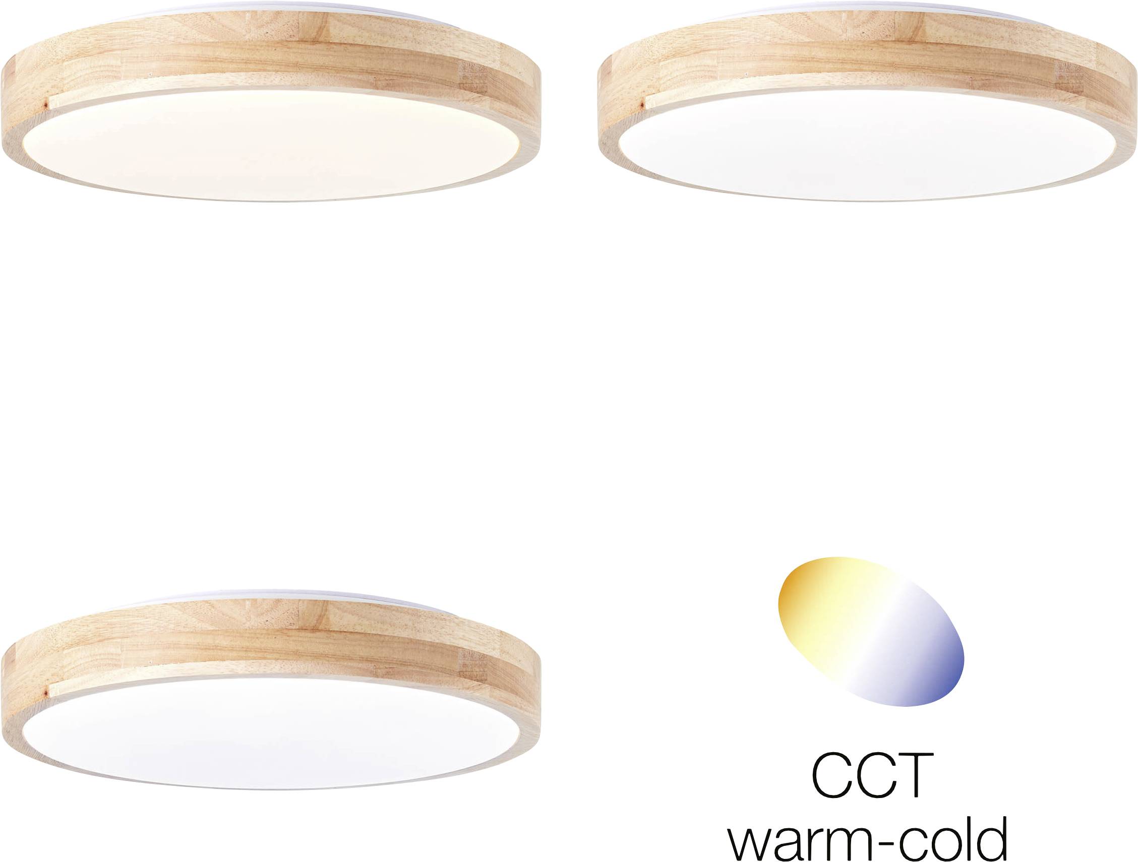 Trzy okrągłe lampy sufitowe z drewnianą ramą prezentują różne odcienie światła. Diagram przedstawia temperaturę barwową - od ciepłej do chłodnej.