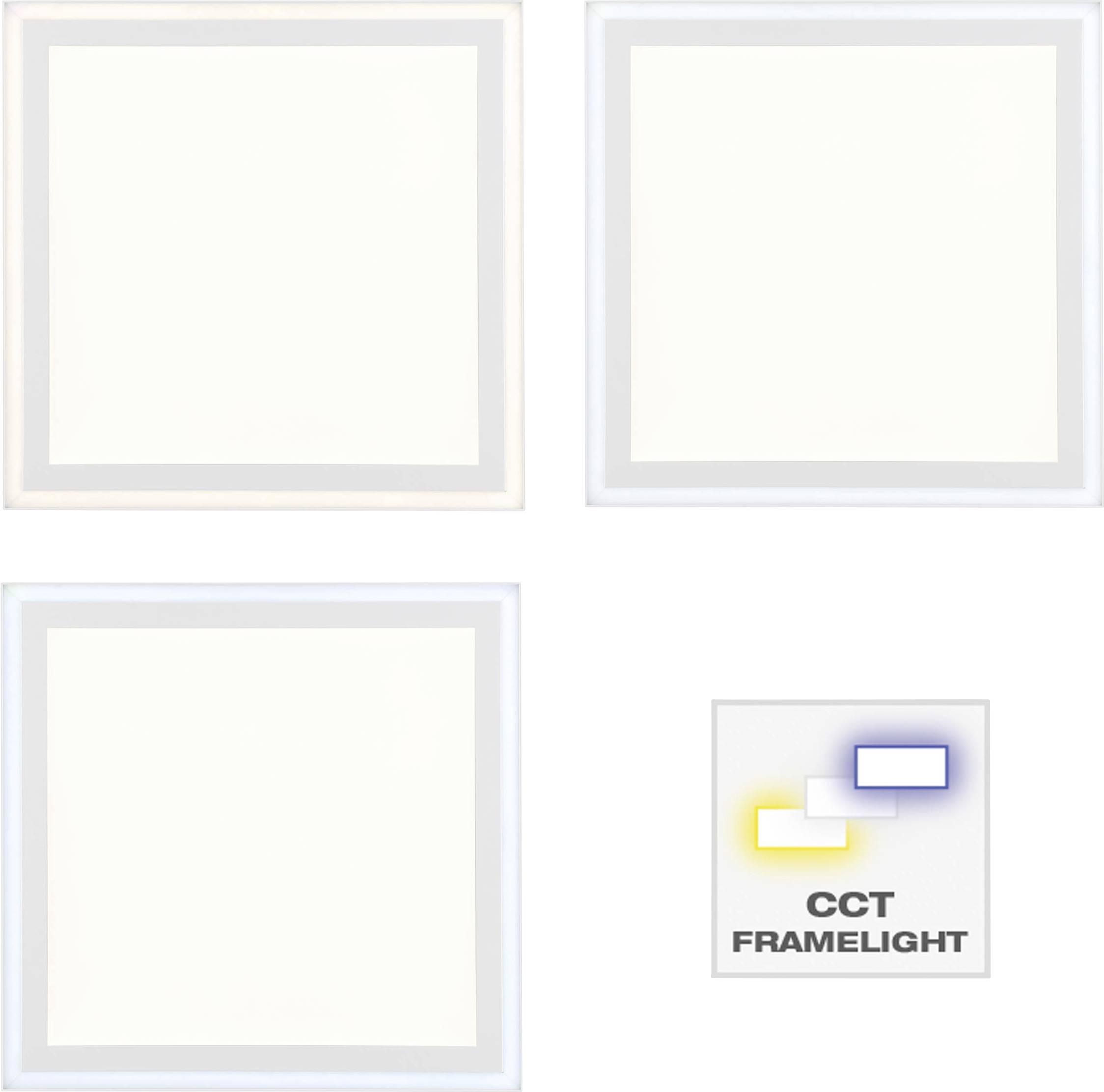 Trzy kwadratowe, białe lampy z różnymi ramkami świetlnymi. W dolnym prawym rogu tekst: 'CCT Framelight'.