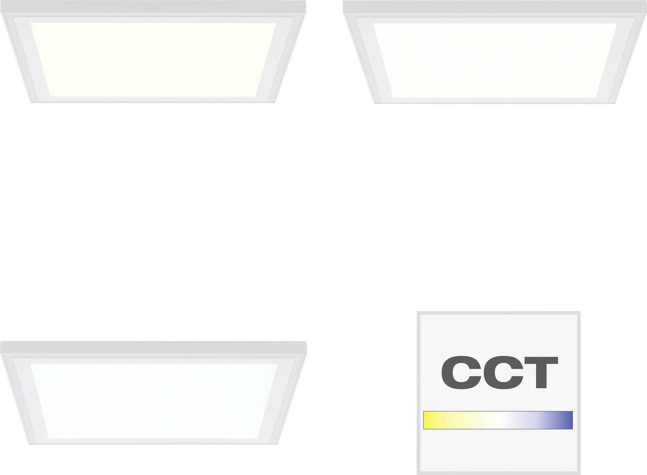 Cztery prostokątne lampy LED o różnych odcieniach bieli: ciepłe, neutralne, zimne światło. U dołu po prawej stronie skala 'CCT'.